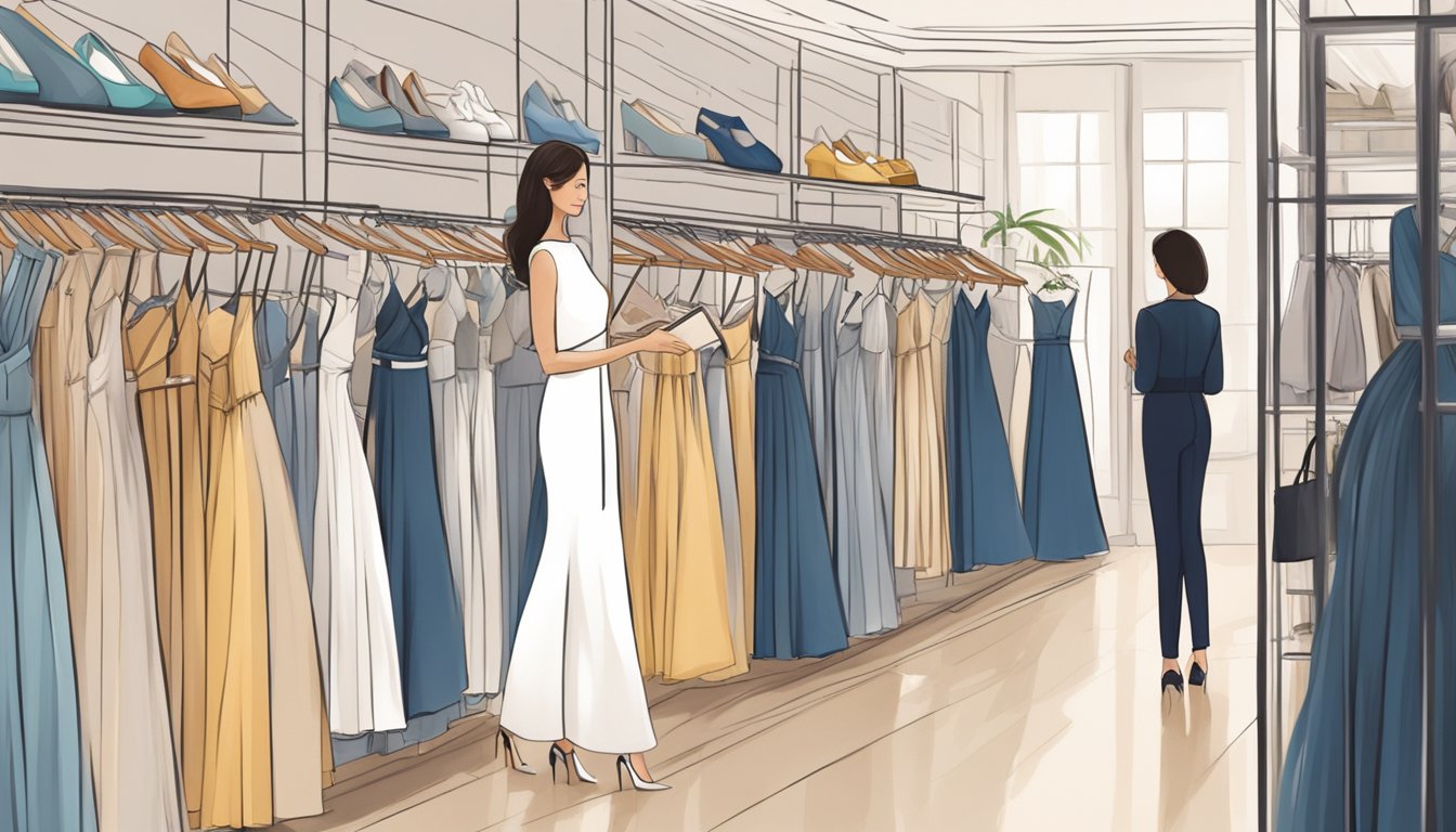 A woman browsing through racks of elegant rom dresses in a chic boutique in Singapore