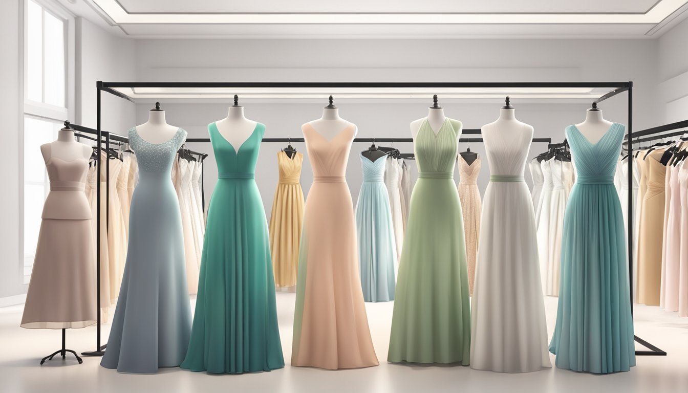 A display of elegant ROM dresses in various styles and colors, arranged neatly on racks and mannequins, with soft lighting to showcase their beauty