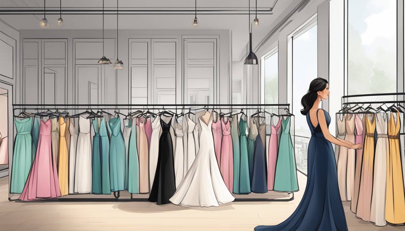 A customer selects a glamorous gown from a rack of elegant dresses at a boutique in Singapore