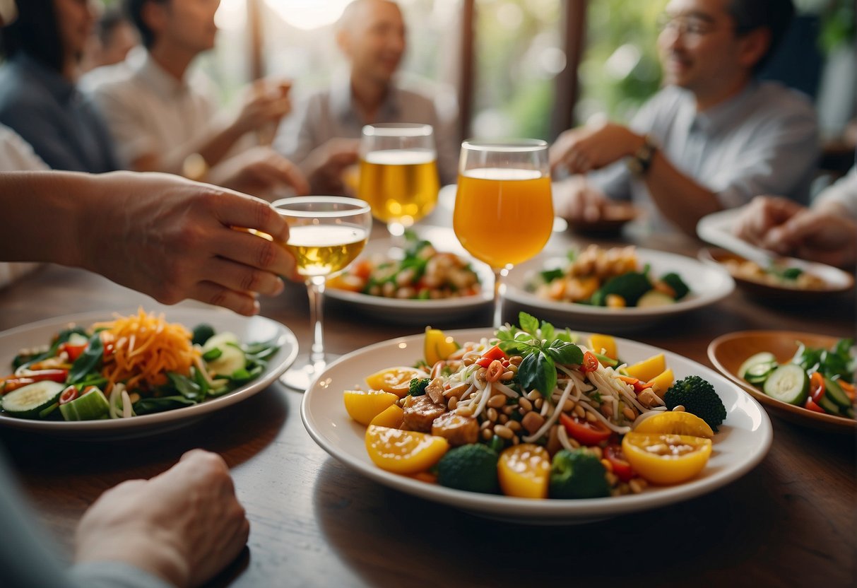 A table set with colorful vegetarian Chinese dishes, surrounded by smiling guests raising their glasses in celebration