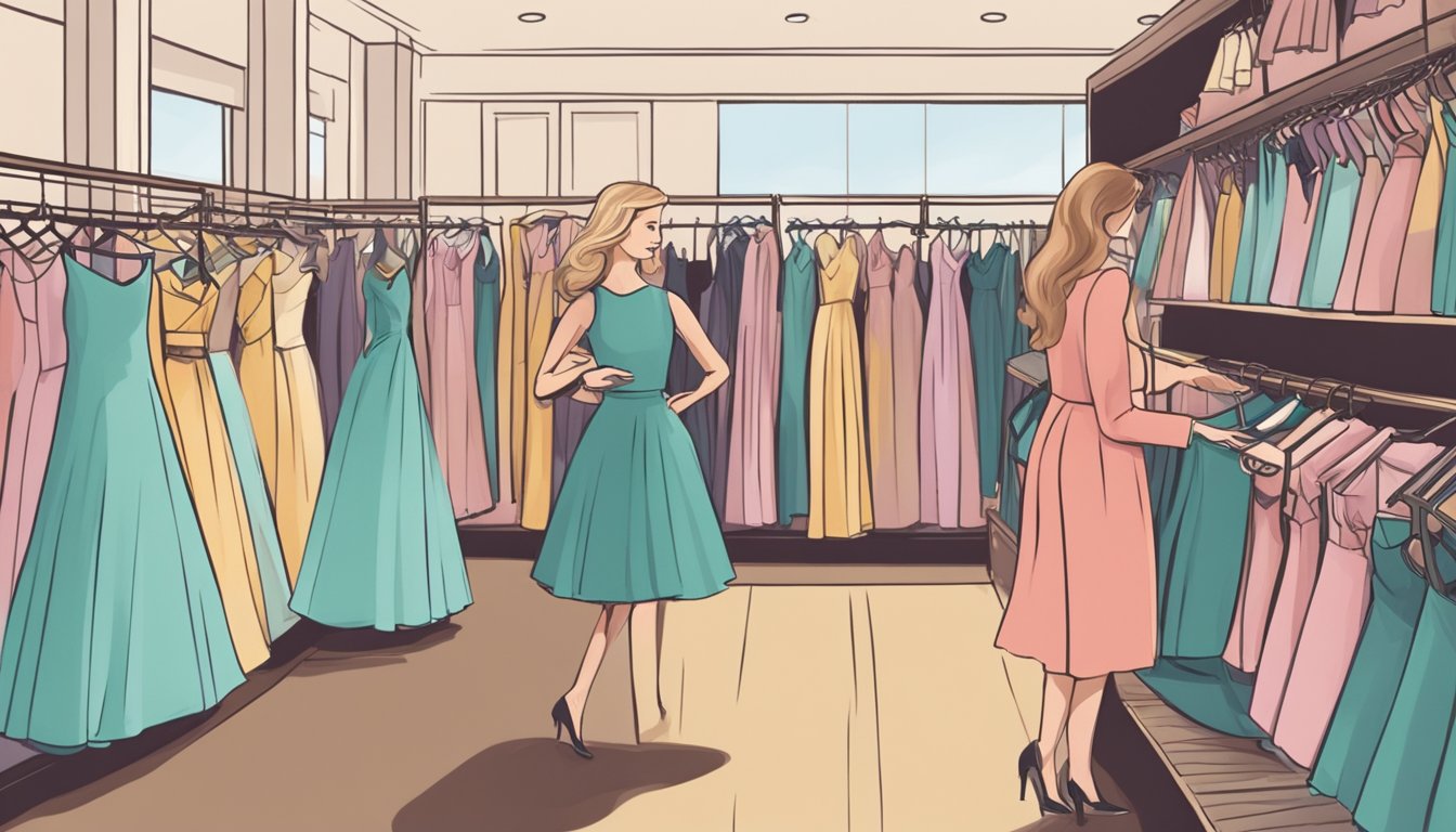 A customer browsing through racks of formal dresses in a boutique, with a salesperson nearby ready to assist