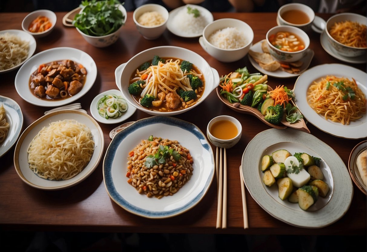 A table set with various Chinese vegetarian dishes, surrounded by eager diners with chopsticks in hand