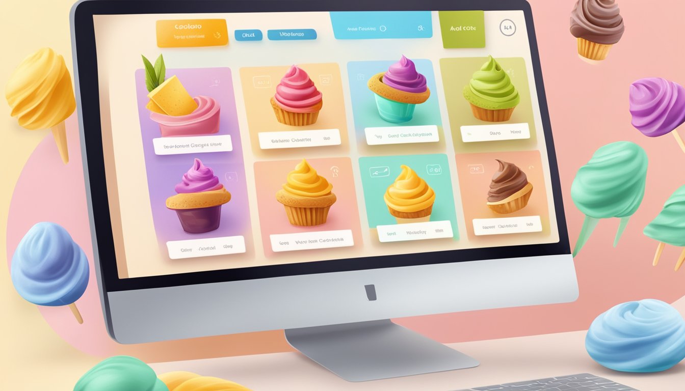 A computer screen with a colorful website displaying various flavors of gelato. An "Add to Cart" button is highlighted, indicating the option to buy gelato online