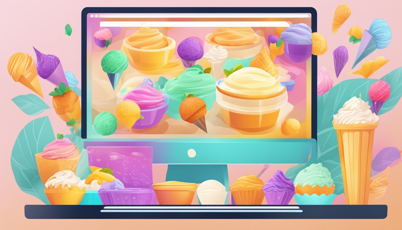 A computer screen with a vibrant website displaying various flavors of gelato. A cursor hovers over the "Add to Cart" button, ready to purchase