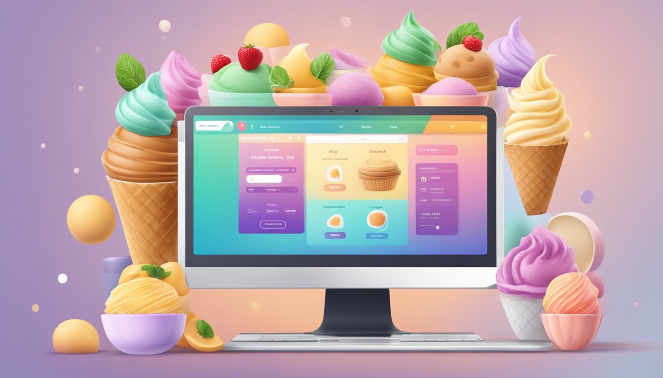 A laptop displaying a variety of gelato flavors on an online shop, with a "buy now" button and a checkout process on the screen