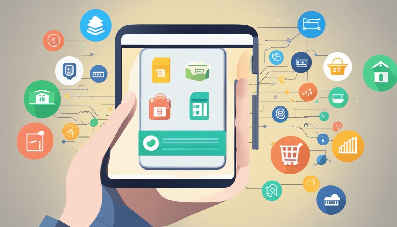 A hand holding a smartphone with a "Buy Smart Load Online" app open, surrounded by digital icons of different denominations of load