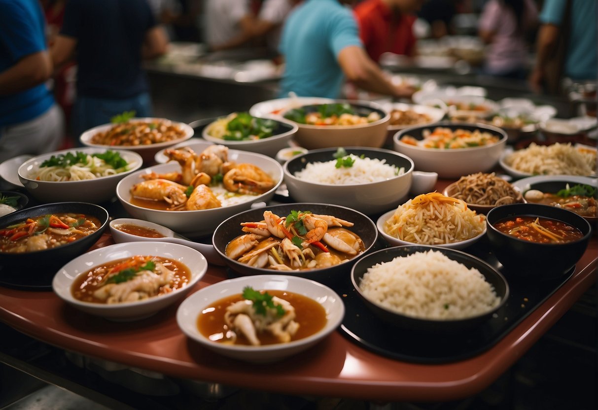 A table set with various Chinese dishes, including Hainanese chicken rice and chili crab, in a bustling Singapore hawker center