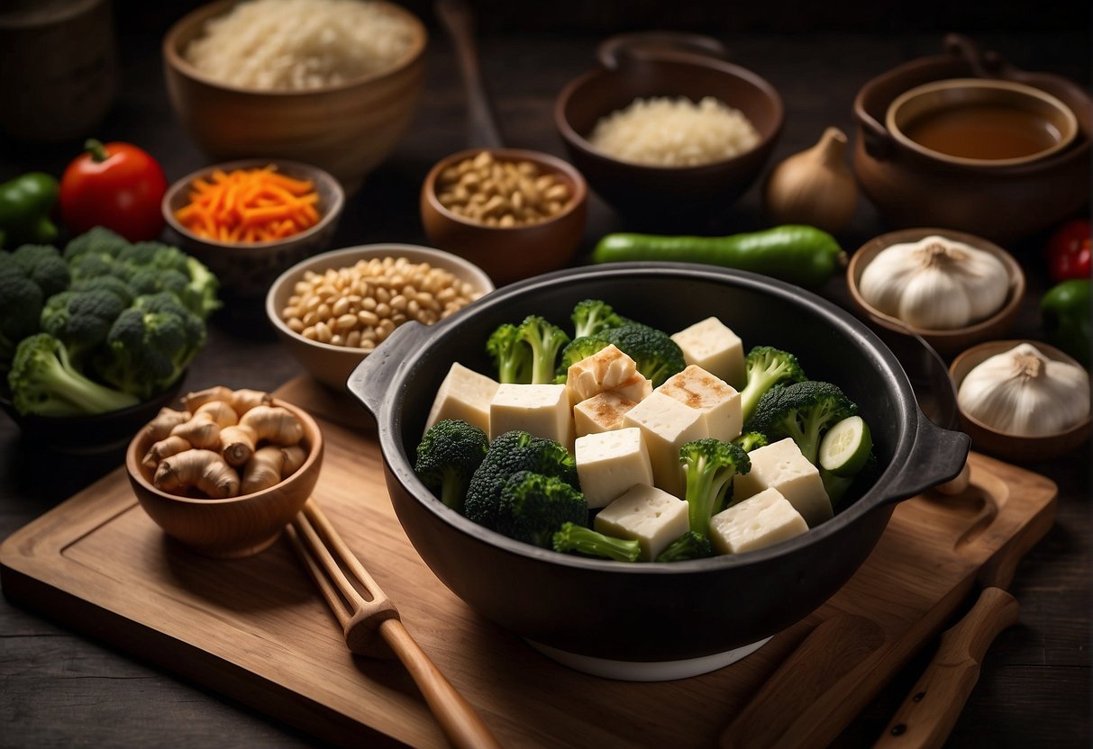 A table with various fresh vegetables, tofu, soy sauce, ginger, and garlic, along with cooking utensils and a wok, set against a backdrop of traditional Chinese kitchenware and ingredients