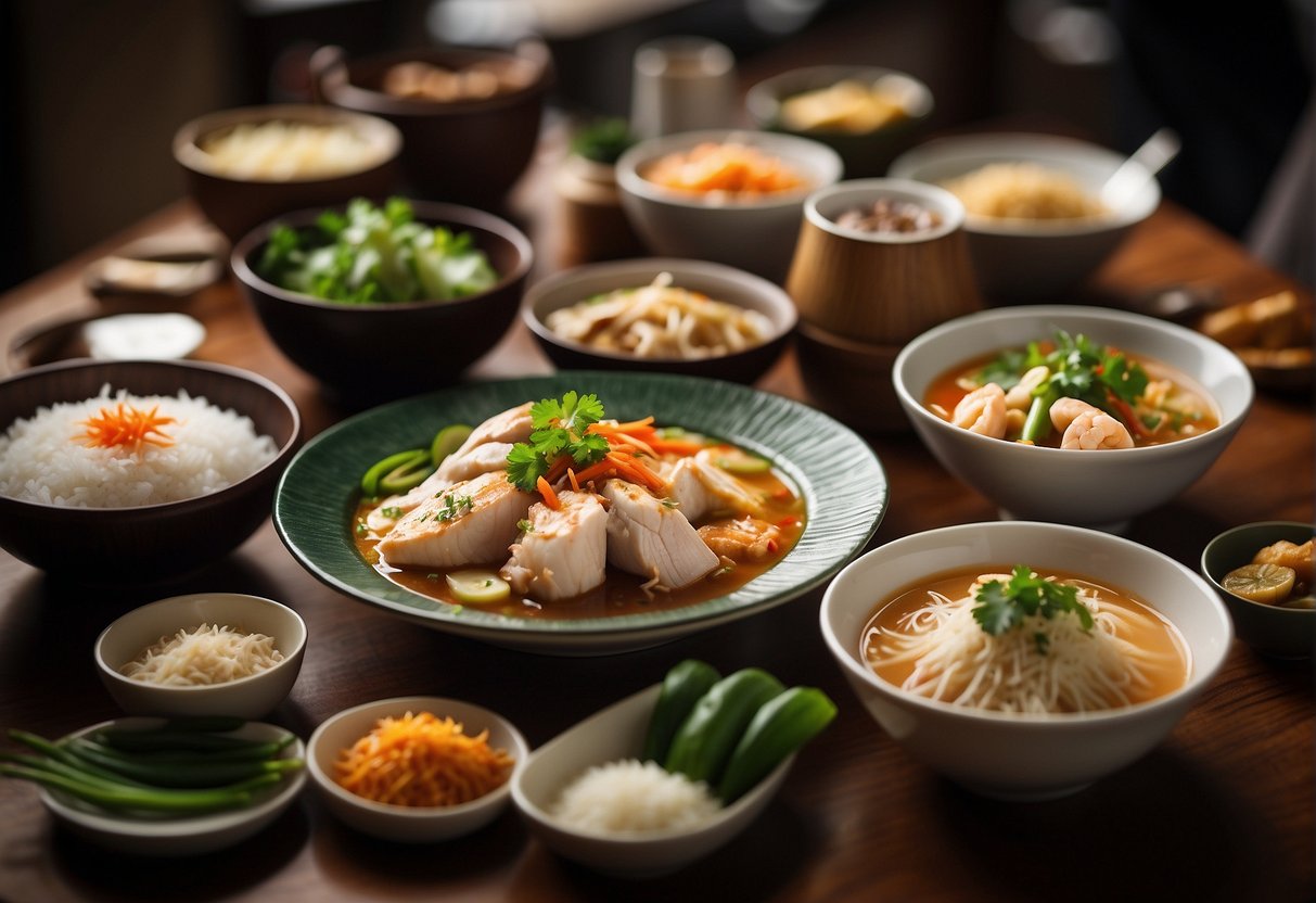 A table set with iconic Singaporean Chinese dishes: Hainanese chicken rice, chili crab, laksa, and bak kut teh