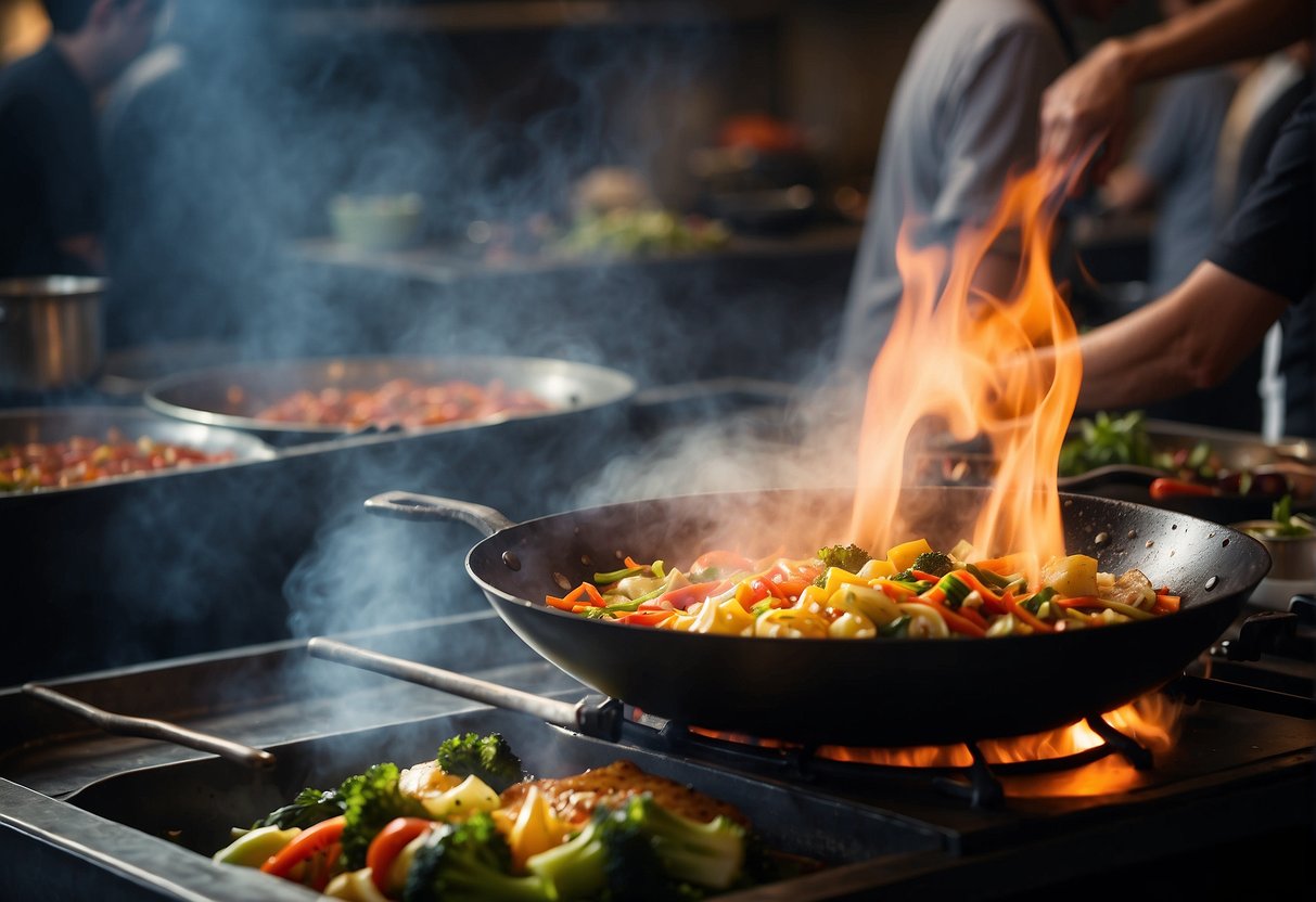 A wok sizzles over high heat, as a chef tosses vegetables and meat with precision. Steam rises as sauces are added, creating a symphony of aromas