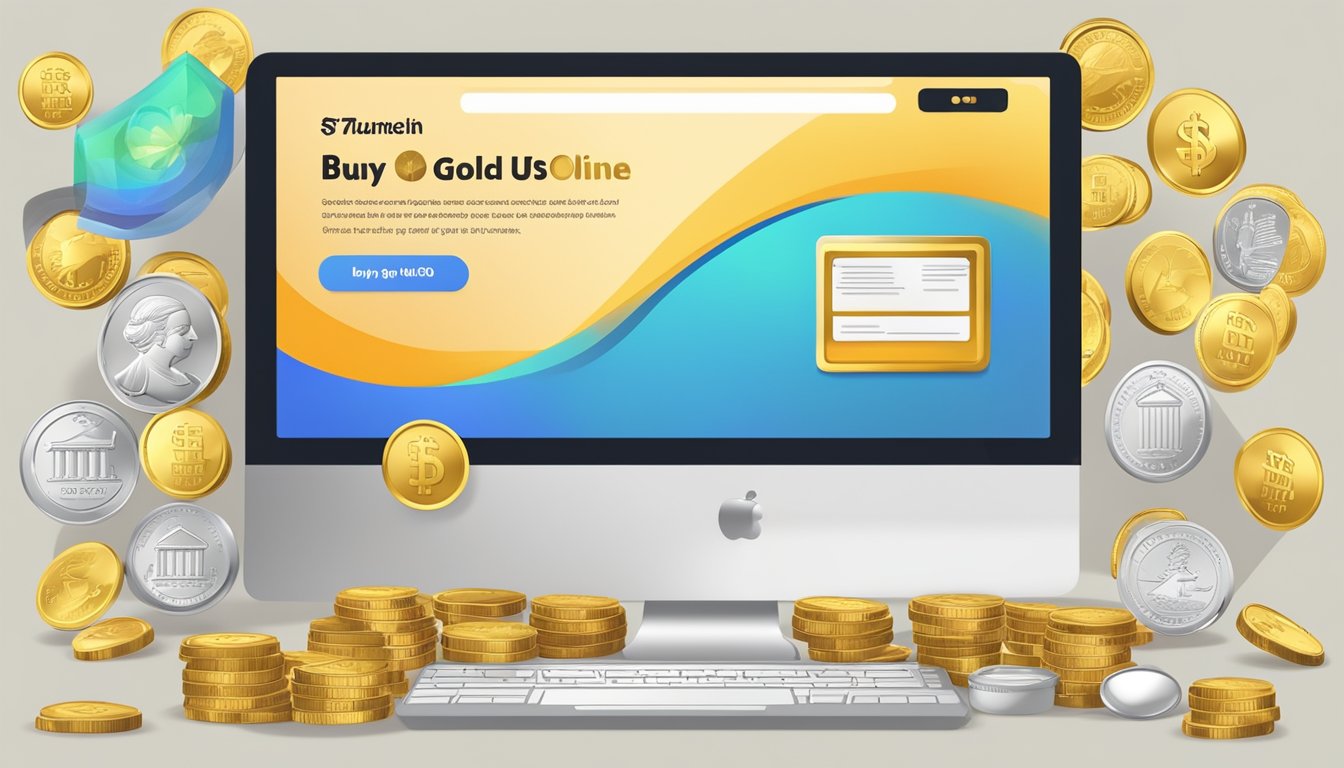 A computer screen displaying a website with a "buy gold online USA" button, surrounded by images of gold bars and coins