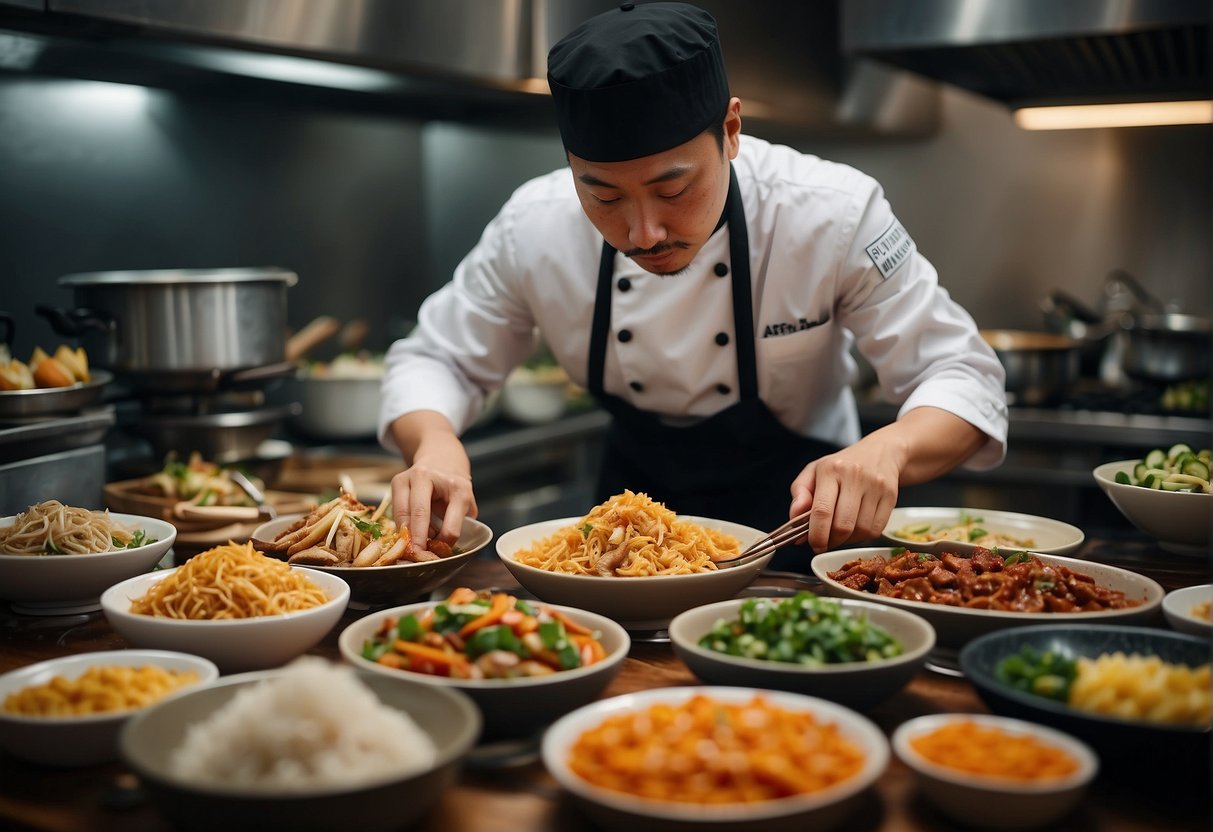 A chef prepares a variety of Chinese dishes, adjusting ingredients to accommodate different dietary preferences. The table is filled with colorful and aromatic dishes, showcasing the diversity of Chinese cuisine