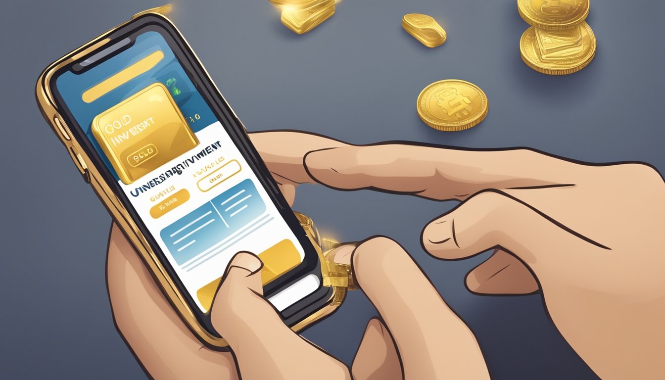 A hand holding a smartphone, scrolling through a website with the title "Understanding Gold Investment buy gold online usa" displayed prominently on the screen
