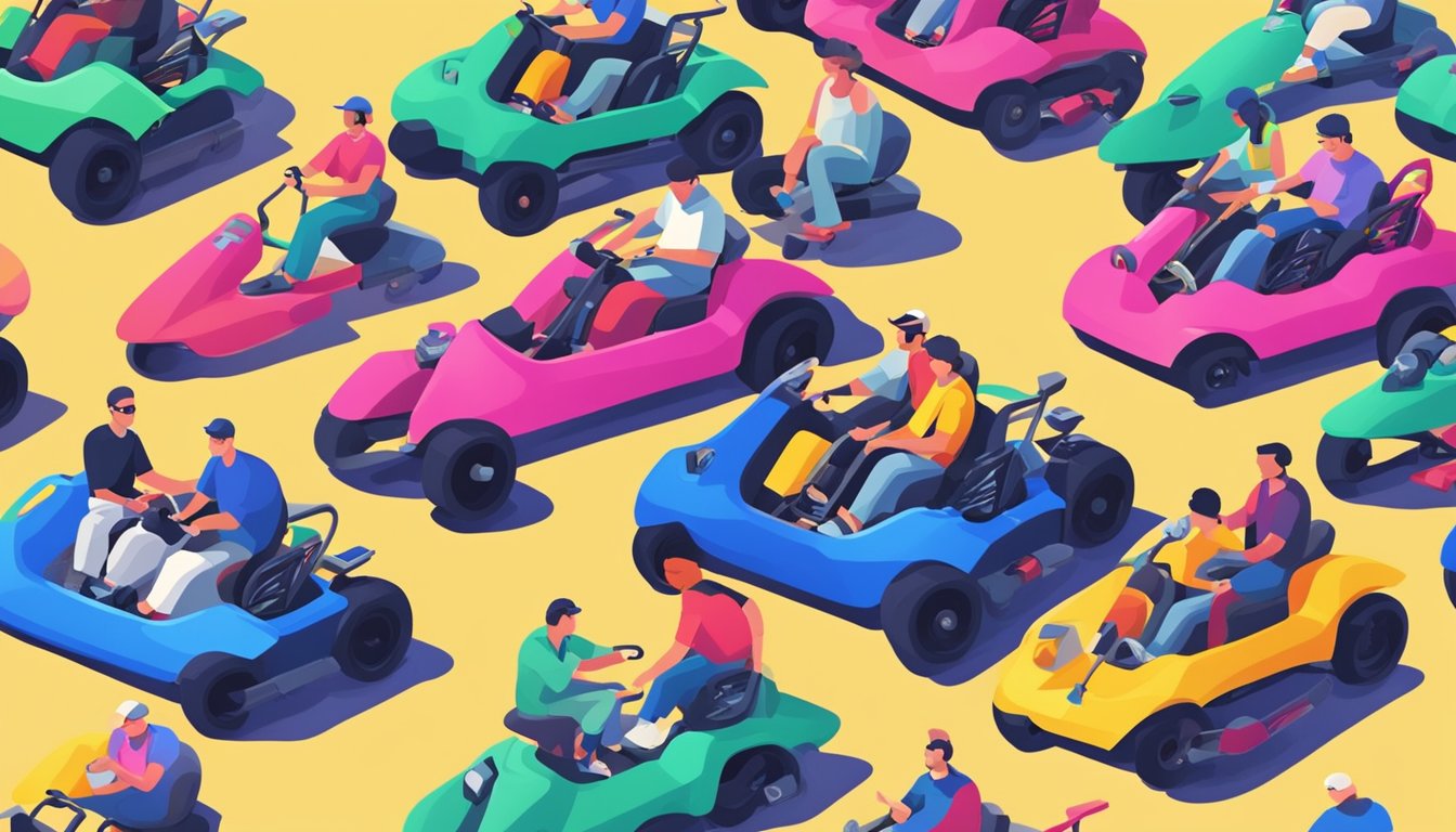 A group of people are gathered around a selection of colorful go-karts, examining them closely and discussing the different features and options available