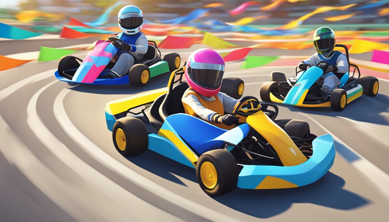A group of go-karts zoom around a winding track, with colorful flags fluttering in the breeze. The sun shines down on the excited racers as they navigate sharp turns and speed down straightaways