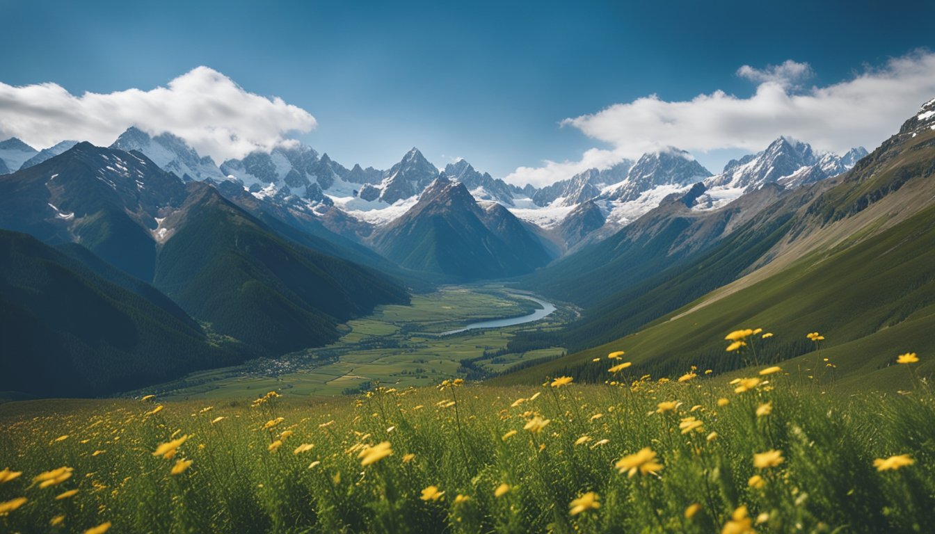 A majestic mountain range looms in the distance, its snow-capped peaks piercing the clear blue sky. Lush green valleys spread out below, dotted with colorful wildflowers and winding rivers