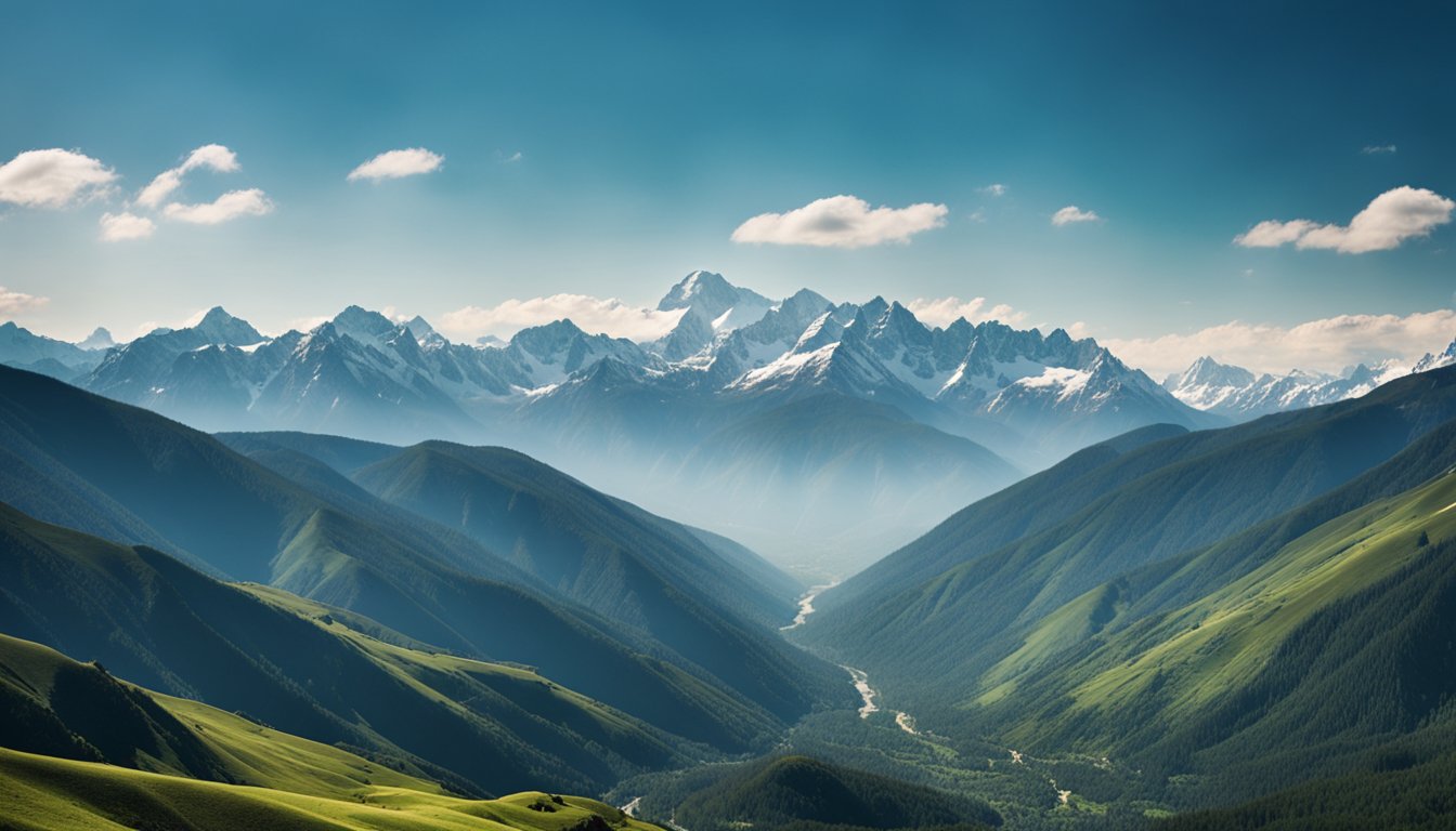 A vast mountain range stretches across the horizon, with snow-capped peaks piercing the clear blue sky. Lush green valleys and sparkling rivers wind through the rugged terrain, creating a stunning natural landscape