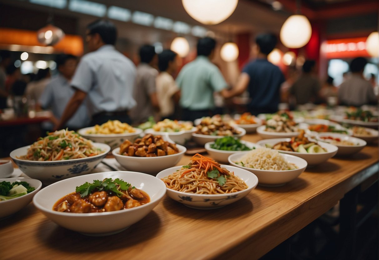 A table filled with various Chinese dishes, surrounded by eager diners in a bustling Singapore restaurant