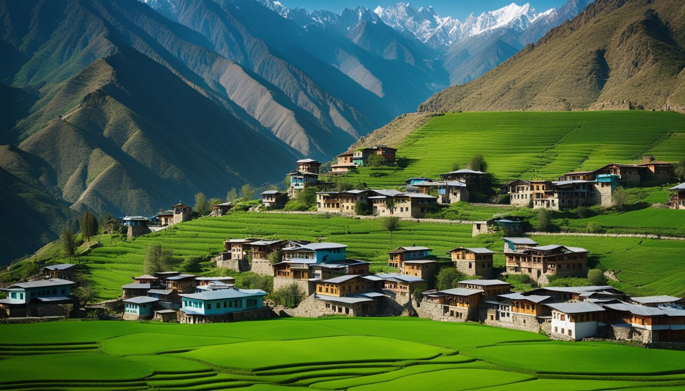 Lush green valleys, snow-capped peaks, and colorful traditional houses nestled among the mountains of Northern Pakistan