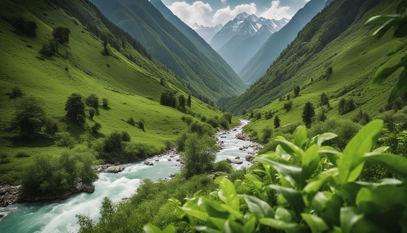 A group of trekkers navigate through lush green valleys, towering snow-capped peaks, and crystal-clear rivers in Pakistan's Northern Areas