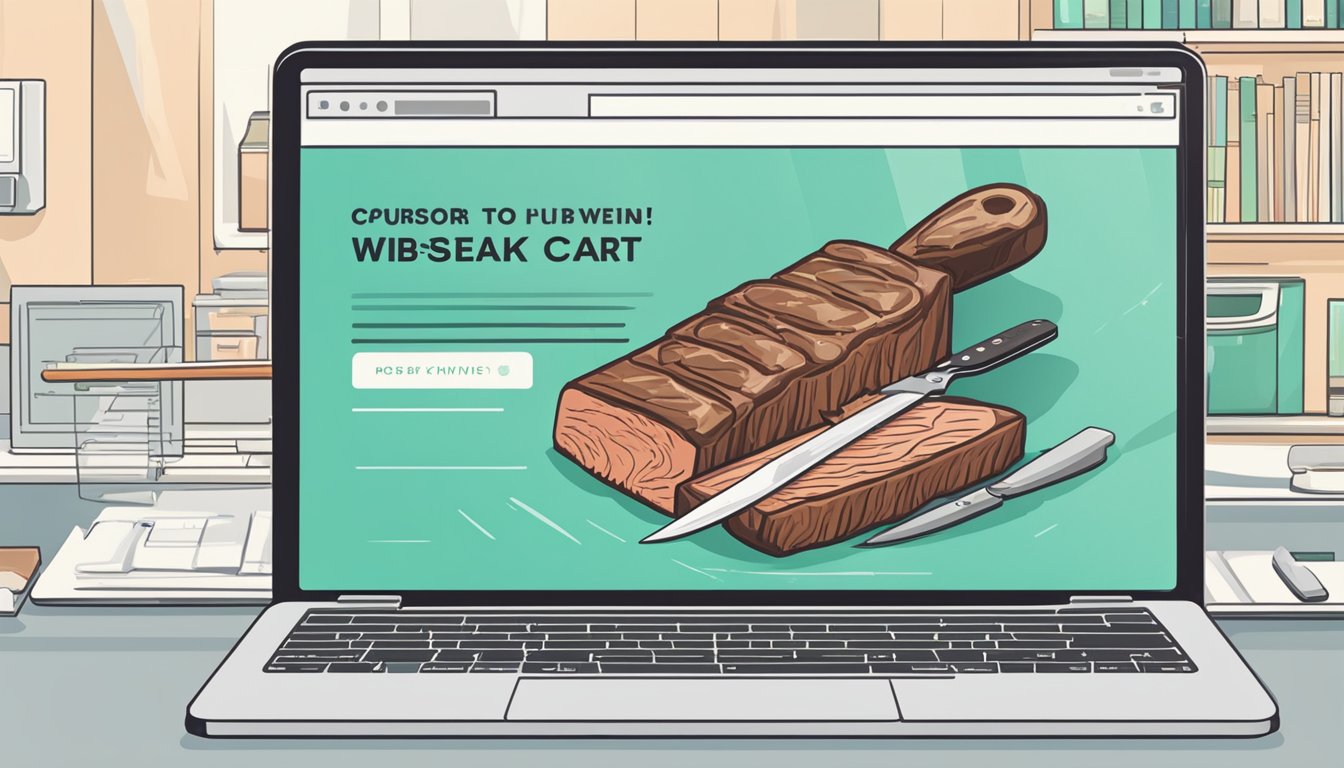 A computer screen displaying a website with steak knives on sale. A cursor hovers over the "add to cart" button