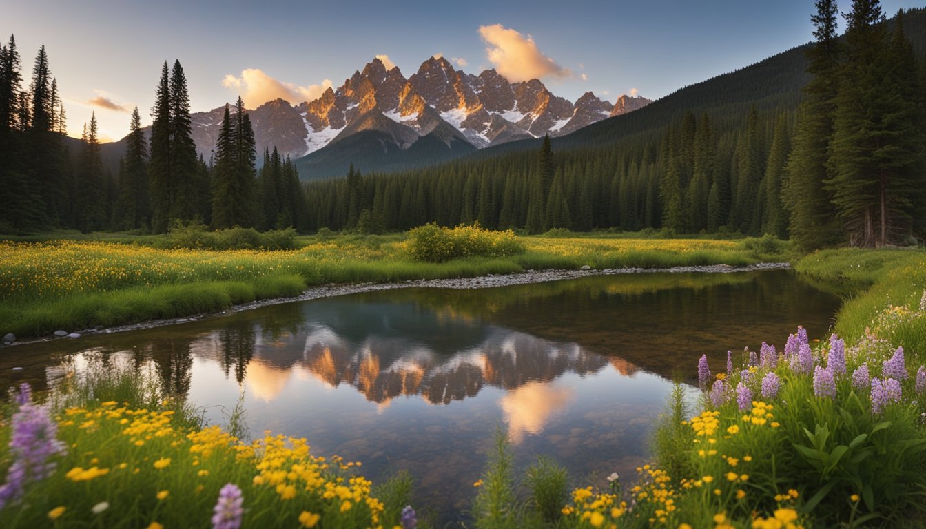 A majestic mountain range looms in the distance, its snow-capped peaks reflecting the golden light of the setting sun. A crystal-clear river winds through the lush green valley, surrounded by vibrant wildflowers and towering pine trees