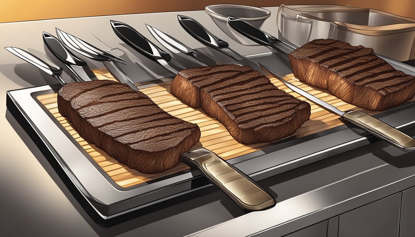 A sleek, modern kitchen counter displays a set of high-quality steak knives, ready for use. The knives gleam under the warm glow of the overhead lighting, inviting the viewer to imagine the satisfying sensation of slicing through a perfectly cooked steak