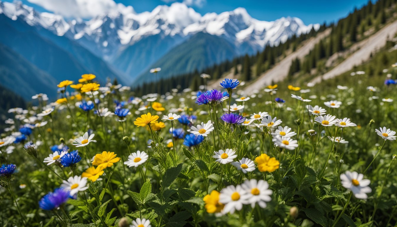 The snow-capped mountains stand tall against the clear blue sky, while colorful wildflowers bloom in the lush green valleys below. The air is crisp and refreshing, and the sun shines brightly, making it the perfect time to visit Pakistan's Northern Areas