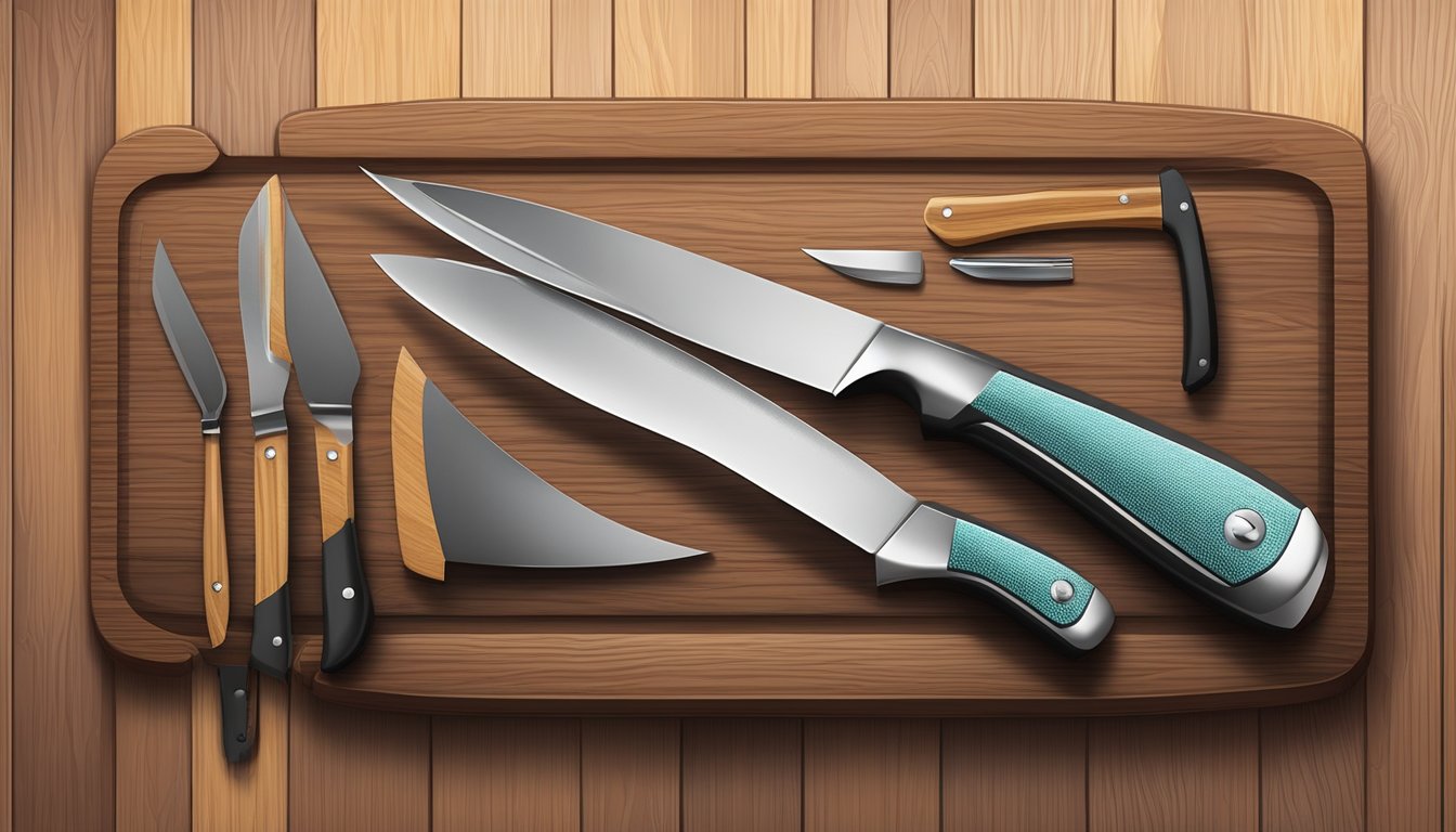 A set of steak knives arranged neatly on a wooden cutting board, with a sharpening steel and a cloth for maintenance