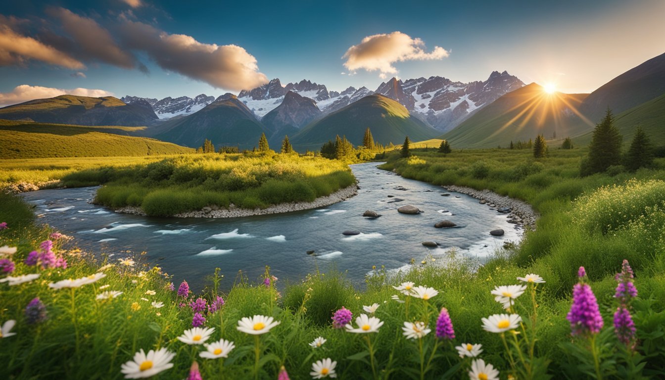 A winding river flows through lush green valleys, surrounded by towering snow-capped mountains and vibrant wildflowers. The sun casts a warm glow over the picturesque landscape