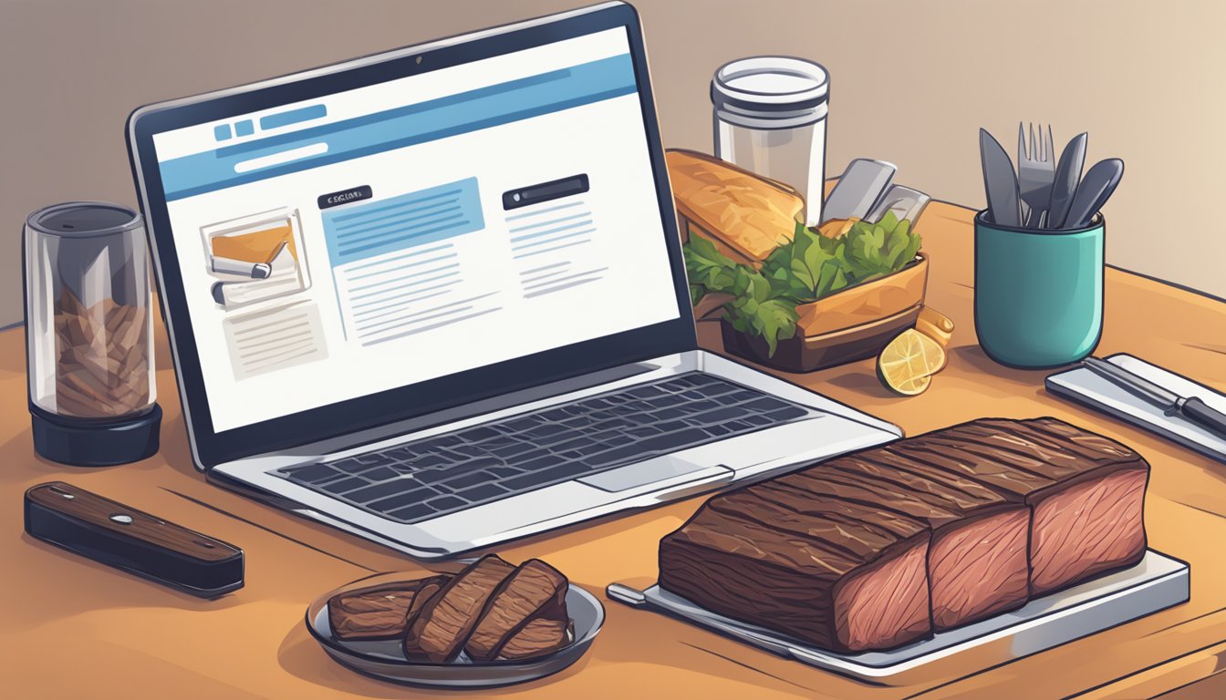 A website with a FAQ section on buying steak knives online, with a computer or smartphone and a stack of steak knives on a table
