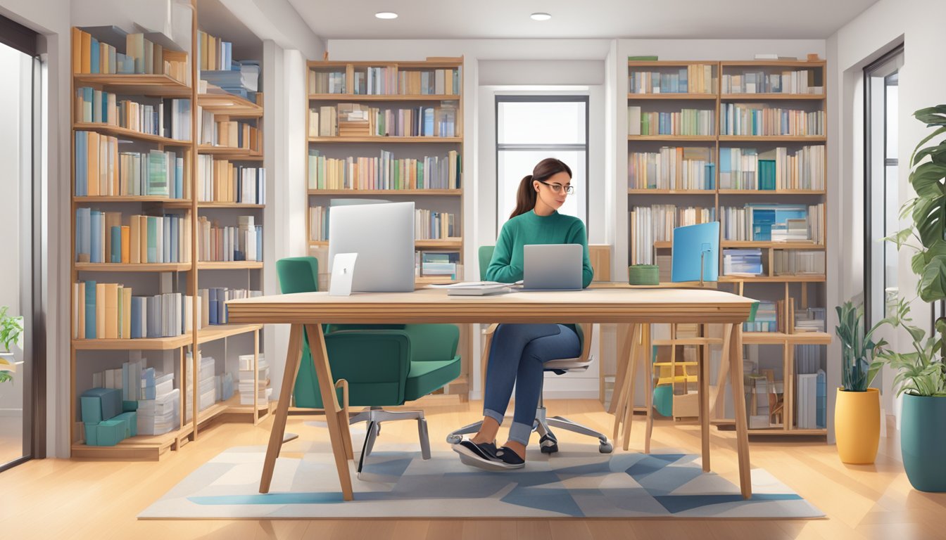 A person selects a study table and chair online, browsing through options and adding the chosen items to their virtual cart