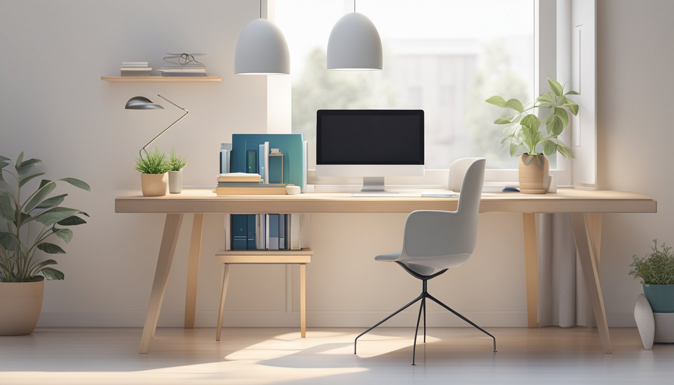 A modern study table and chair displayed on a clean, minimalist website. The background is white with a hint of soft, natural lighting