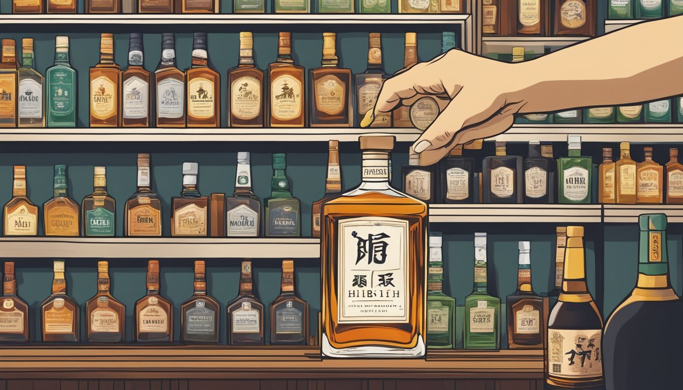 A hand reaching for a bottle of Hibiki whiskey in a Singapore liquor store