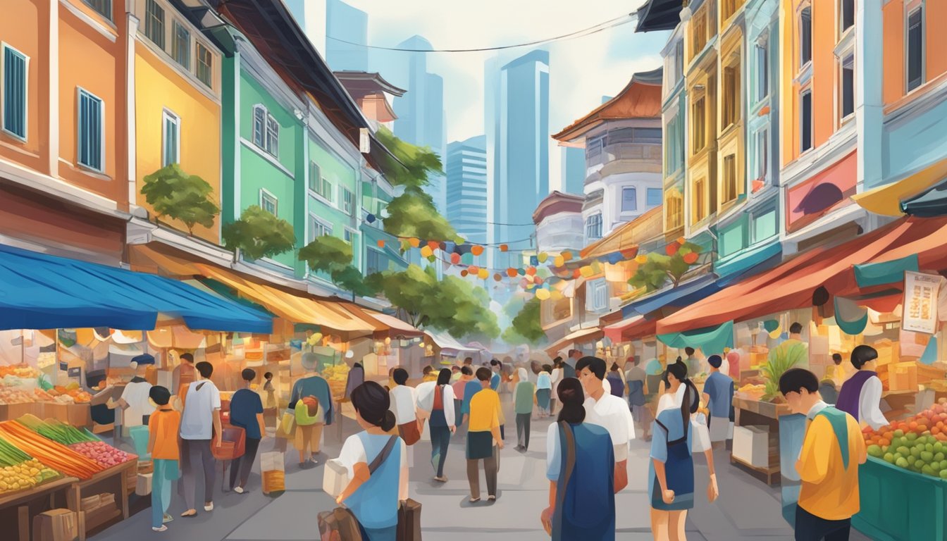 A bustling street market with colorful traditional buildings and vibrant cultural displays, showcasing Hibiki's rich heritage in Singapore