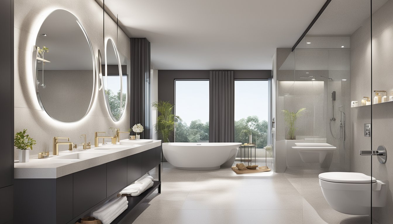 A luxurious bathroom with Grohe faucets, sleek and modern design, surrounded by elegant fixtures and accessories