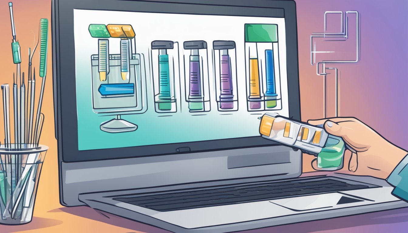 A hand reaches for various syringes and needles displayed on a computer screen. The website "buy syringes online" is visible in the background