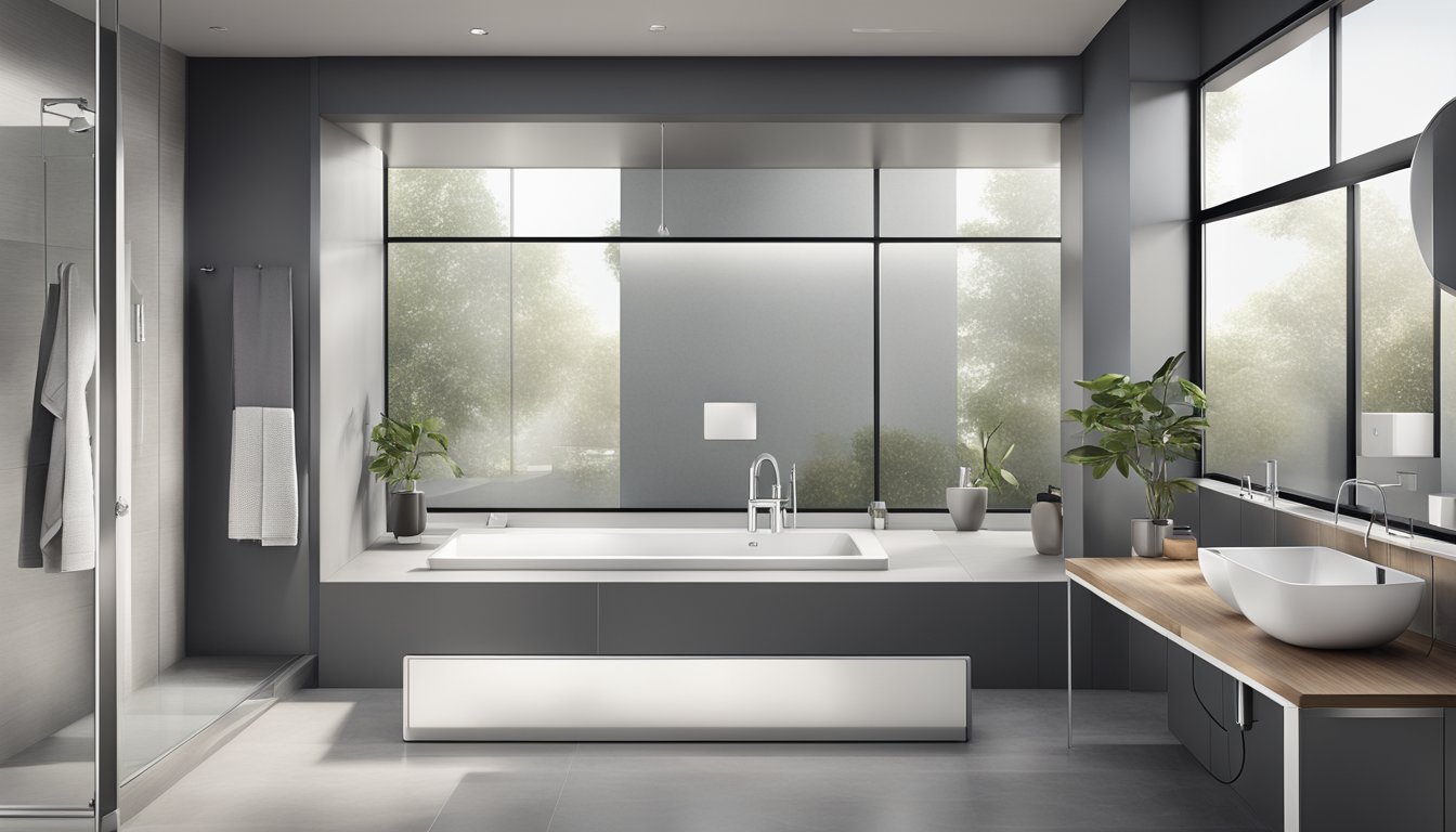 A sleek, modern bathroom with Grohe faucets and fixtures. Clean lines, high-quality materials, and innovative design elements