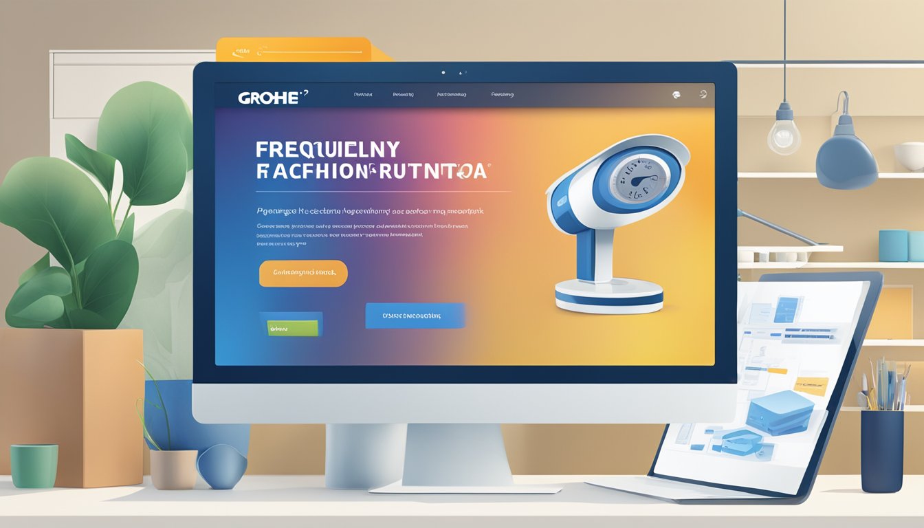 A computer screen displaying a website with "Frequently Asked Questions" about purchasing Grohe products online