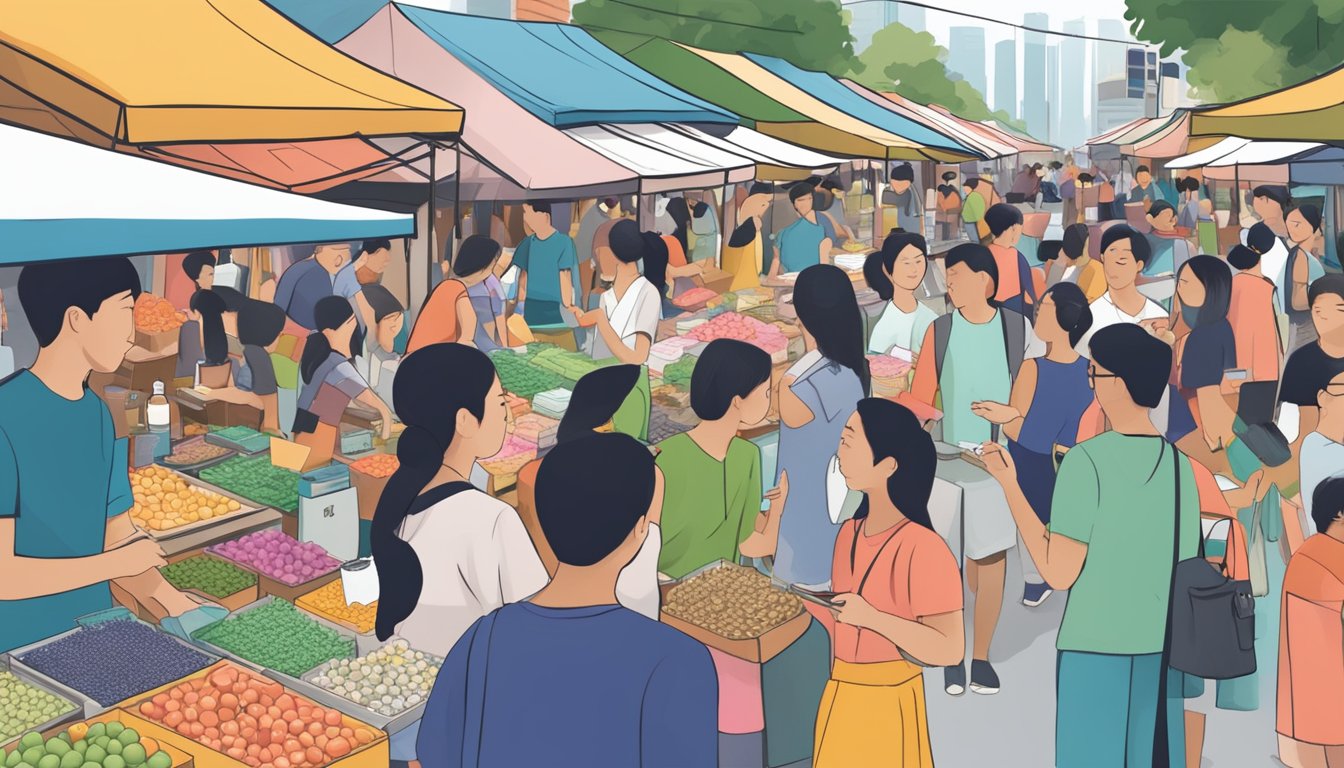 A bustling Singaporean street market, with colorful Tatcha skincare products on display at a busy vendor stall