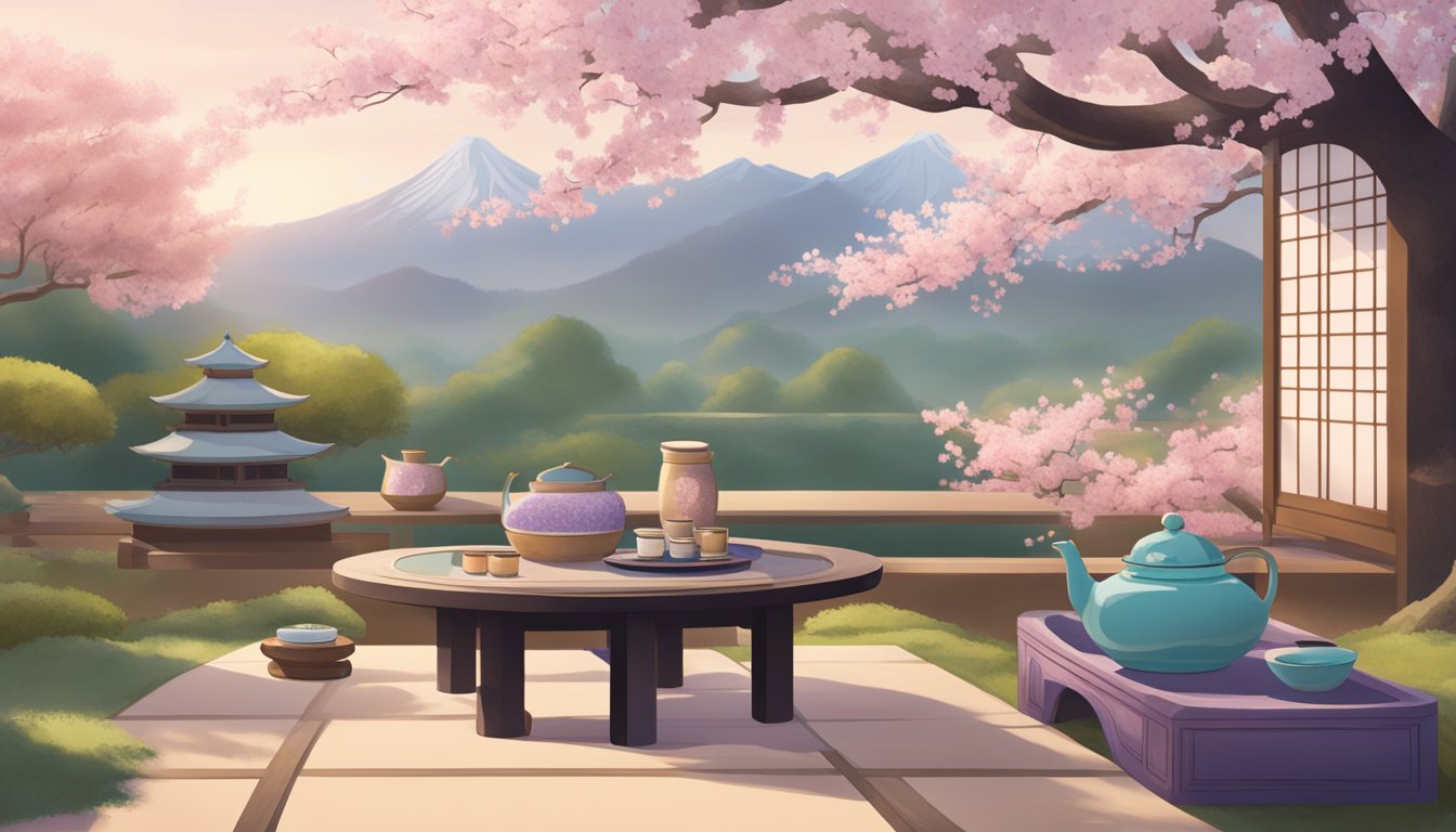 A serene Japanese garden with blooming cherry blossoms and a traditional tea ceremony set up, showcasing Tatcha's beauty products