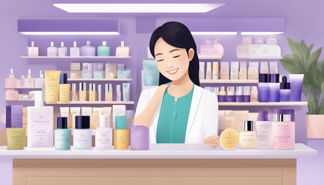 A table with Tatcha skincare products, a customer service representative, and a sign that reads "Frequently Asked Questions" in a Singapore store
