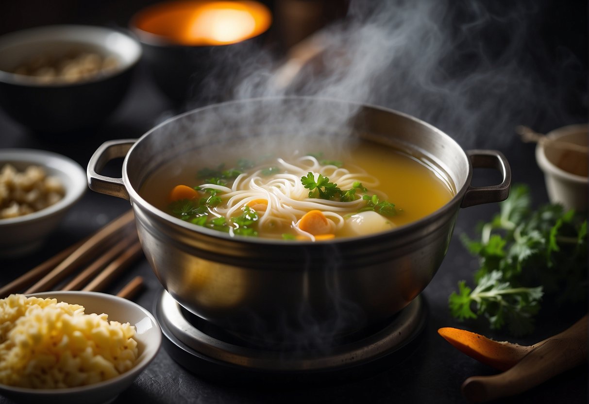 A steaming pot of Chinese double boiled soup with various ingredients floating in the clear broth