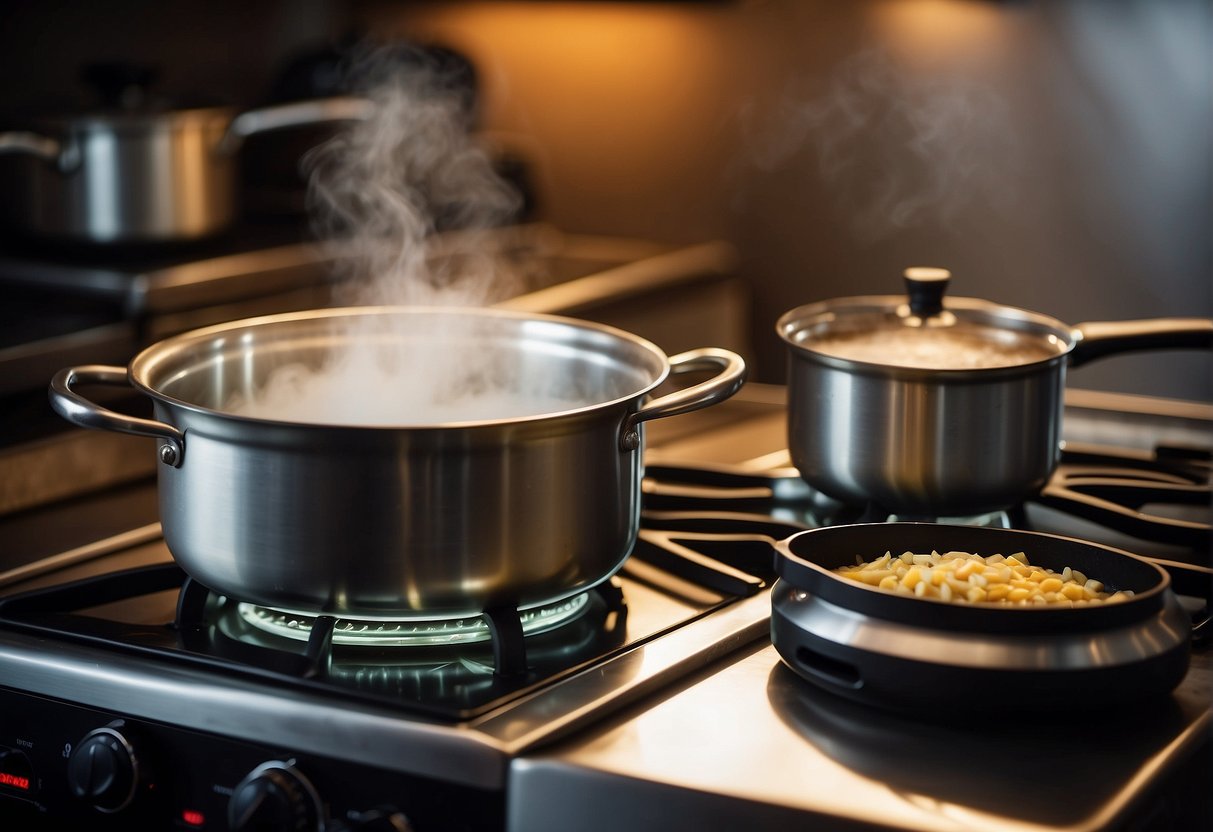 A pot of water simmers on a stove. A smaller pot sits inside, filled with soup ingredients. Steam rises from the double boiler