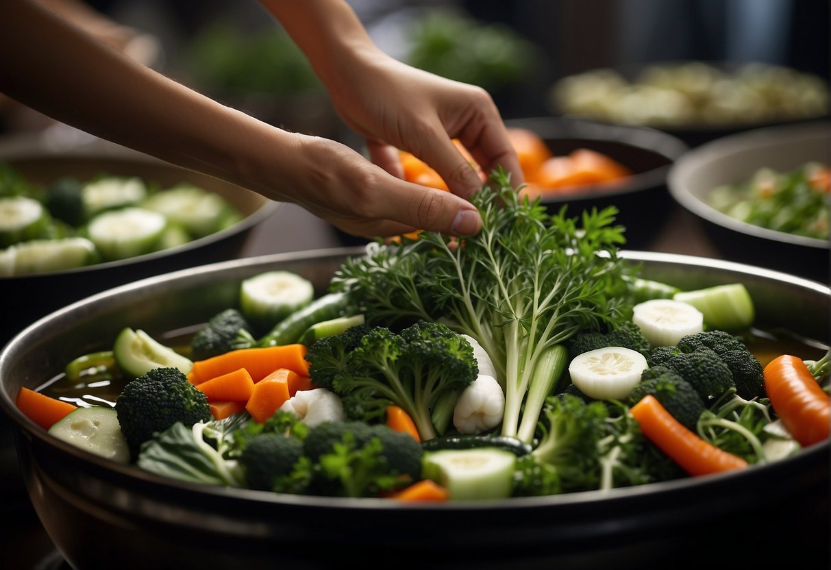 A hand reaches for fresh vegetables and herbs, carefully selecting ingredients for Chinese double boiled soup