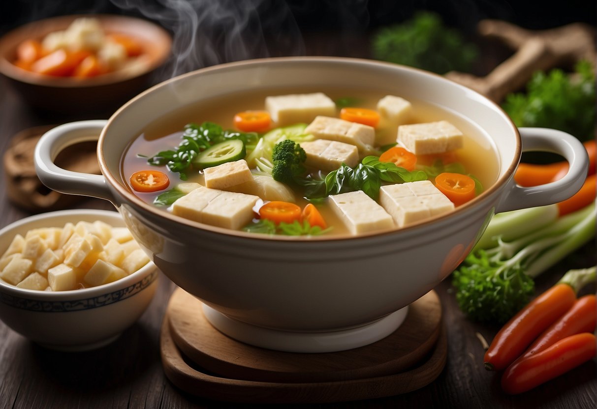 A steaming pot of Chinese dried bean curd soup with floating tofu and vegetables
