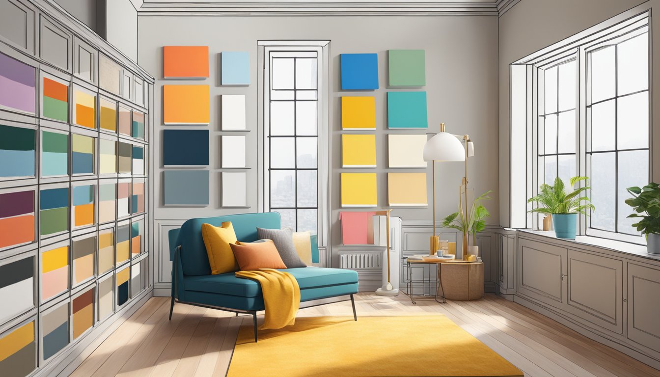 A room with vibrant colors, natural light, and a variety of paint swatches displayed on the wall. Online shopping cart with ICI paint selected