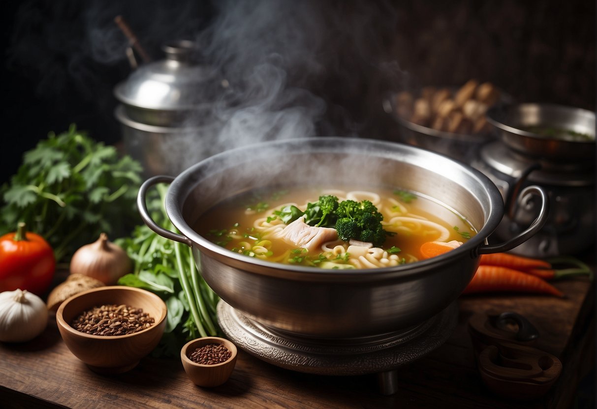 A steaming pot of Chinese double-boiled soup surrounded by various ingredients like herbs, meats, and vegetables