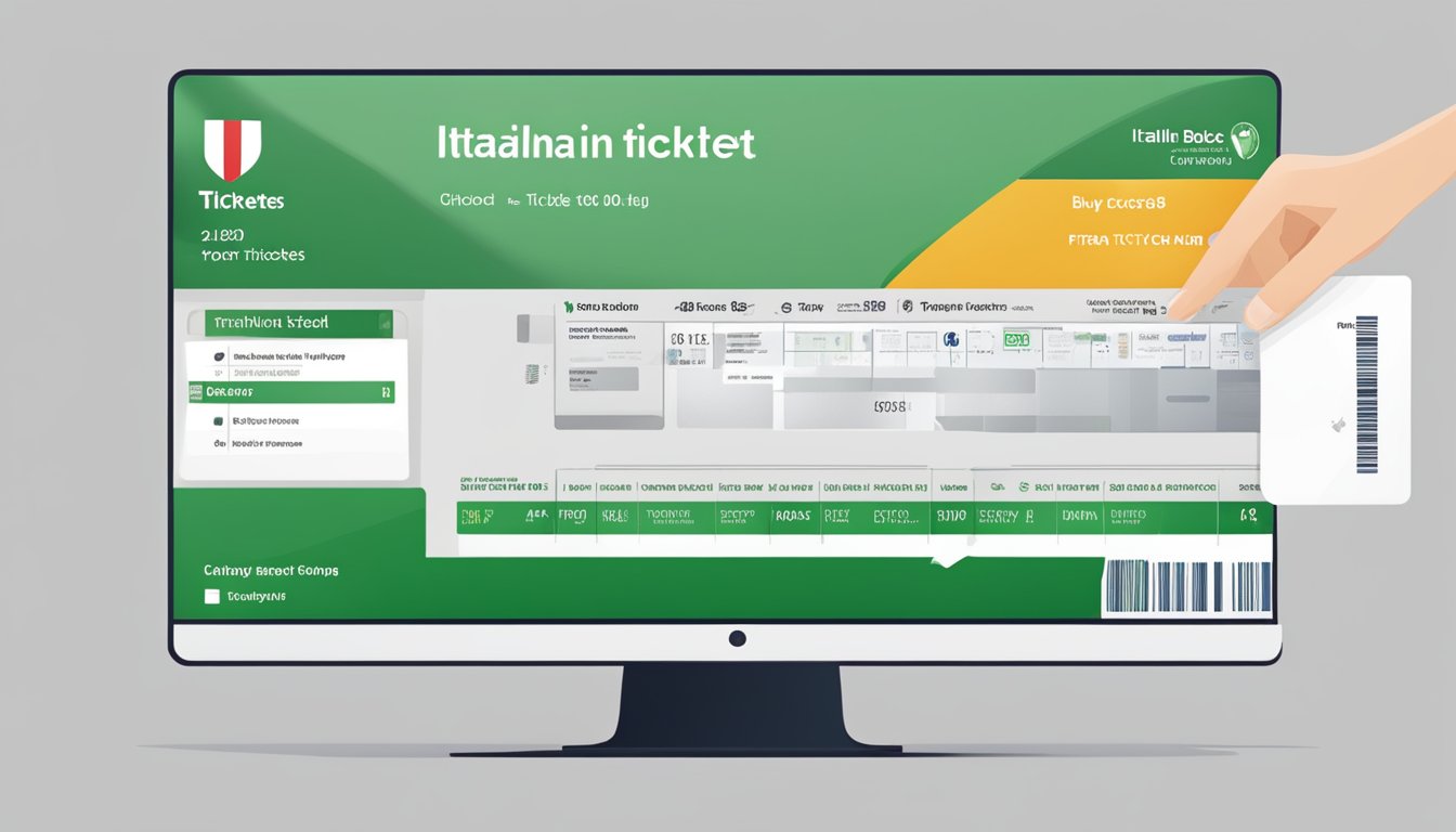A computer screen displaying an Italian train ticket website with a cursor clicking on the "buy tickets" button