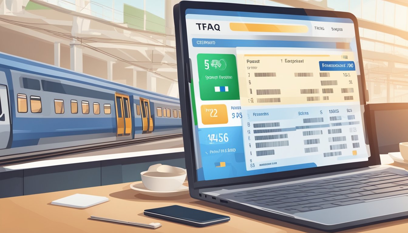 Passengers buying Italian train tickets online. Computer screen with FAQ page. Credit card and passport on table. Train schedule in background
